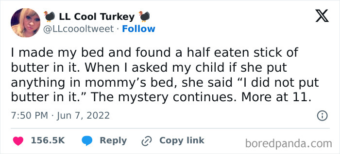 Tweet about finding a half-eaten stick of butter in bed, highlighting funny spot-on humor and a child's mystery response.