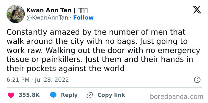 Tweet about men walking without bags, a relatable meme for everyone above 30.