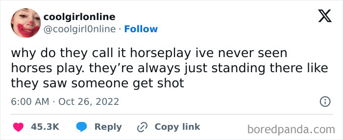 Twitter meme about horseplay, humorously questioning why horses don't actually play.