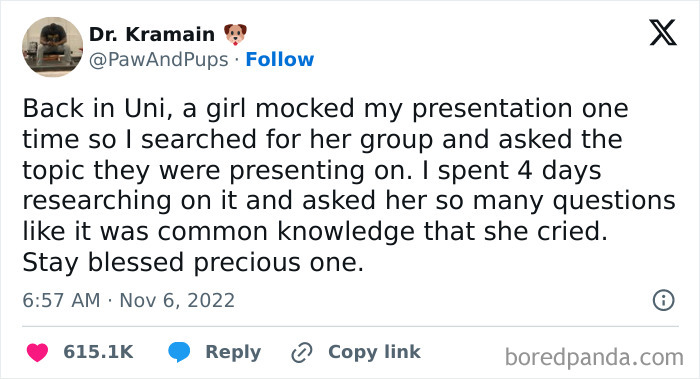 Tweet about a university presentation prank that went hilariously wrong, gaining over 615K likes.