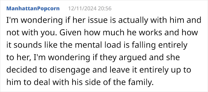 Text discussing daughter-in-law's change from polite to secretive, suggesting conflict and mental load in family dynamics. Text discussing daughter-in-law's change from polite to secretive, suggesting conflict and mental load in family dynamics.