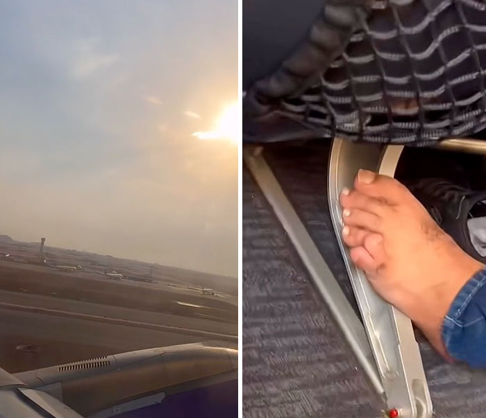 Passenger's bare foot on airplane armrest, illustrating annoying-plane-passengers behavior.