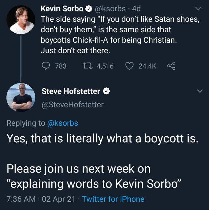 Screenshot of a tweet exchange showcasing hilariously cringe confidence with a misunderstanding about boycotts.