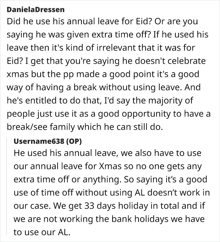 Text discussion on Muslim employee's Christmas break and annual leave policy.