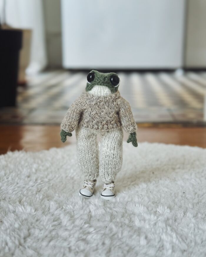 Miniature frog in knitted outfit with sneakers, handcrafted by a French knitter, standing on a white carpet.