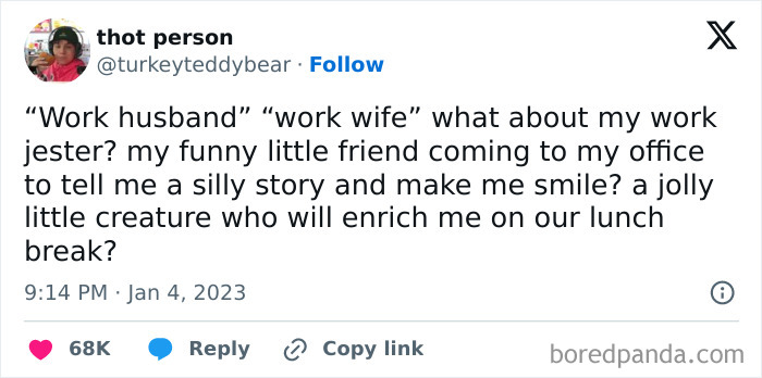 Twitter post about a "work jester" seeking a funny friend to bring joy during office breaks.