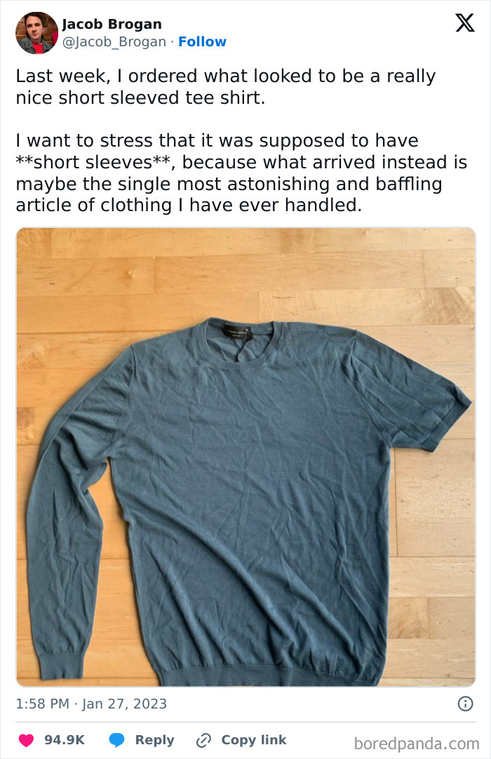 Online shopping fail: a long-sleeved blue shirt instead of the ordered short-sleeved tee.