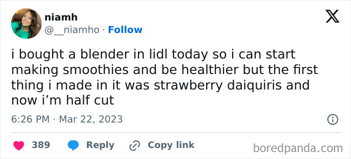 Ireland charm captured in a funny post about buying a blender for smoothies but making daiquiris instead.