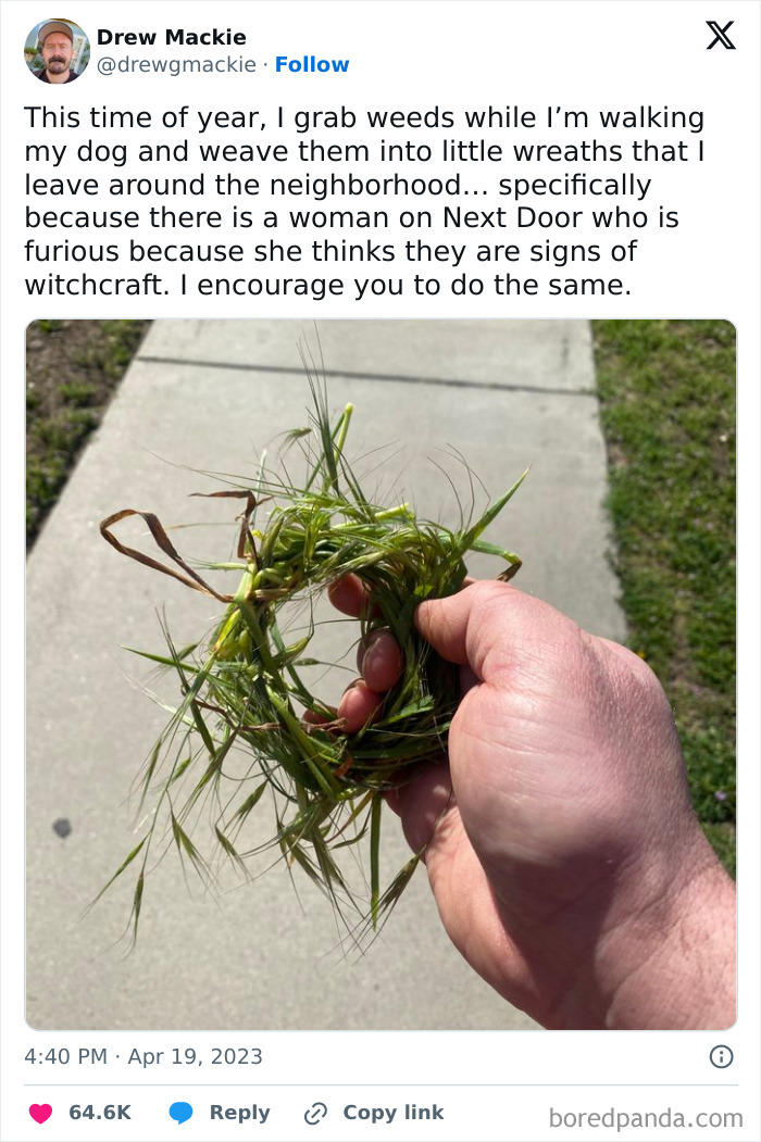 Hand holding a wreath of weeds, part of a humorous NextDoor post highlighted for its absurdity.