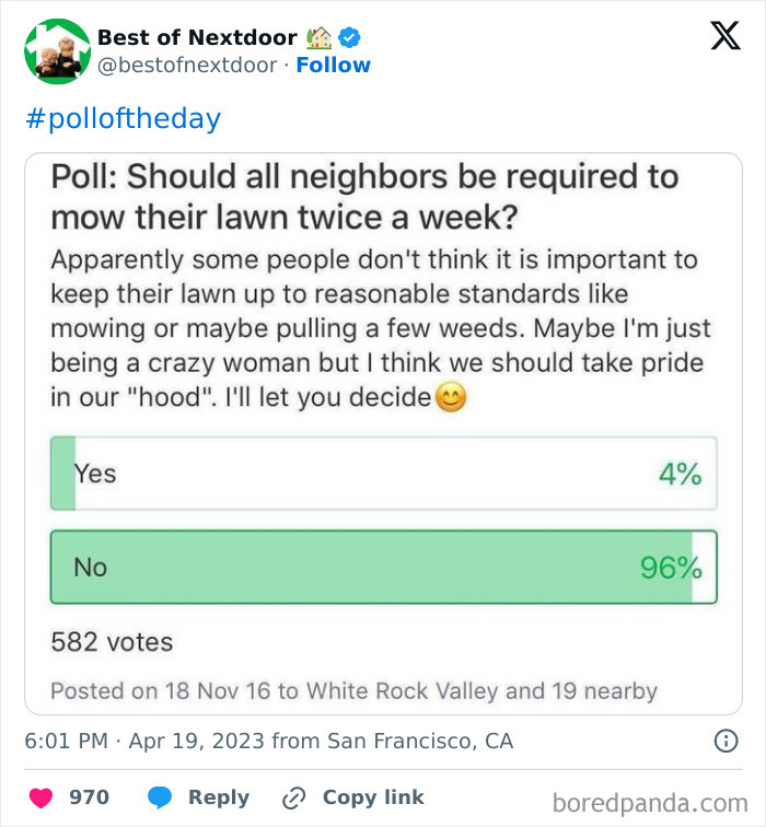 Poll on NextDoor about neighbors mowing lawns twice a week, with 96% saying no and 4% saying yes.