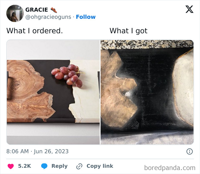 Online shopping fail with a mismatched wooden board, highlighting the difference between expectation and reality.