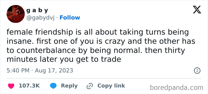 Screenshot of a tweet about the dynamics of female friendship, highlighting humor and balance, from a list of 76 hilarious tweets.