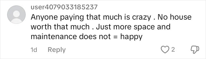 Comment criticizing the condition and value of a $1,600,000 home built 2 years ago.