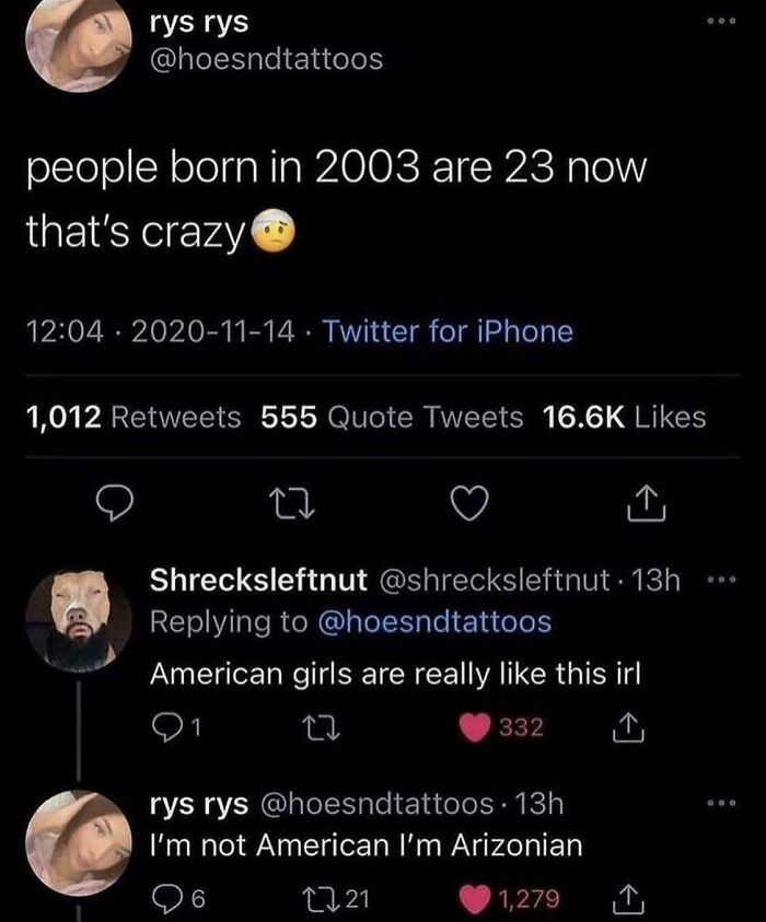 Social media post showing a hilariously cringe exchange about age and nationality.