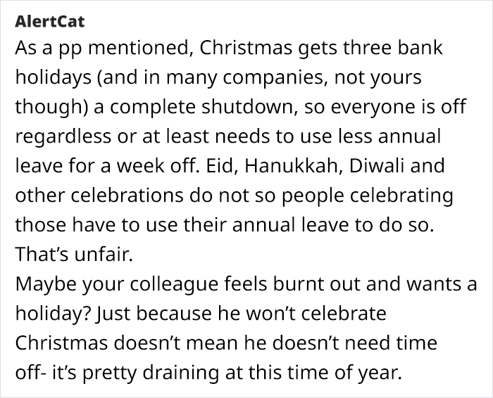 Text discussing fairness in holiday leave during Christmas and other religious celebrations.