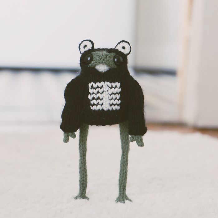 Knitted miniature frog with long legs and a black and white patterned chest, crafted by a French artist.