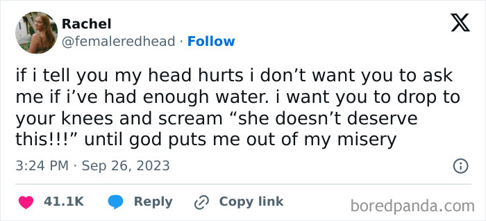 Tweet meme about exaggerated response to headache for a funny-memes collection.