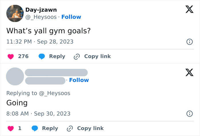 Tweet meme about relatable gym goals for those over 30, with humorous response, highlighting everyday struggles.