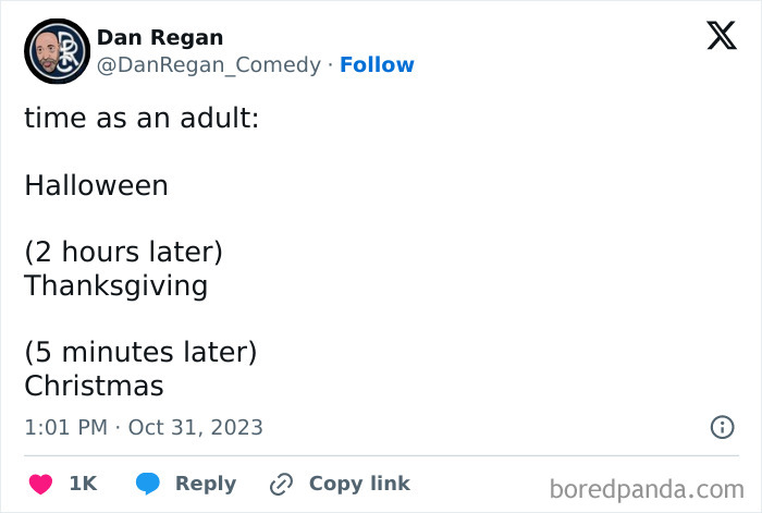 Tweet humorously comparing the quick succession of Halloween, Thanksgiving, and Christmas as an adult.