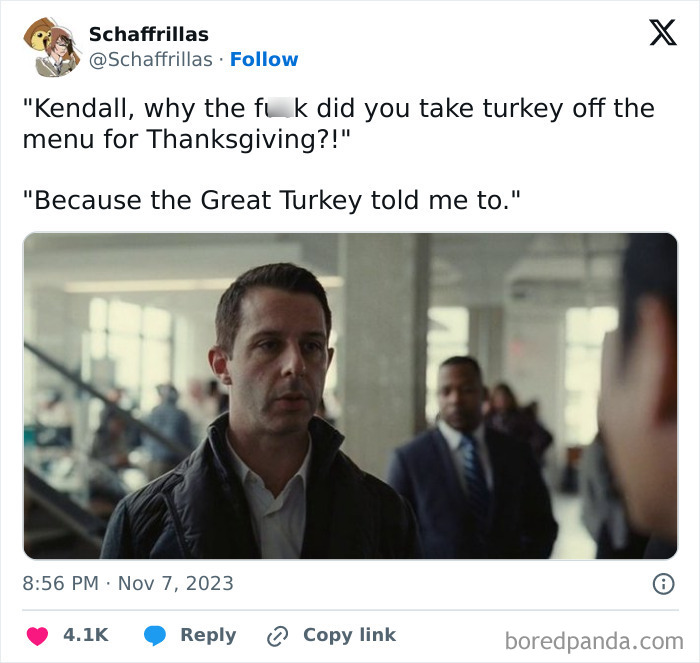 A man looking serious in an office setting with a funny Thanksgiving tweet overlay.