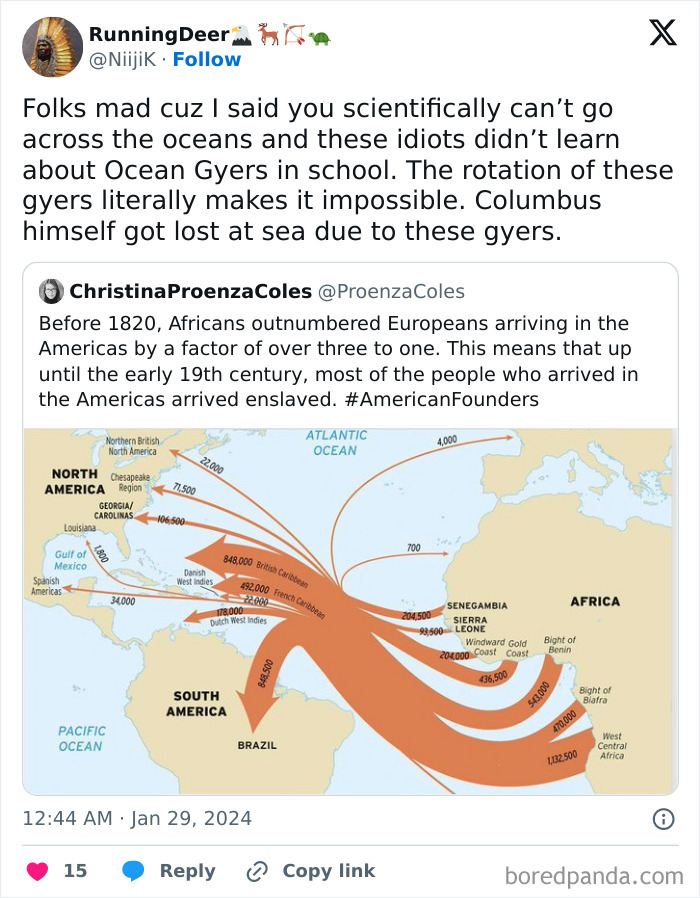 Overly confident person claims ocean crossings are impossible due to gyres, showing a historical map of Atlantic s***e trade routes.