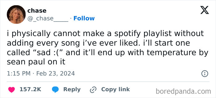 Tweet about making Spotify playlists humorously references adding favorite songs, featuring a relatable meme from Funny-Memes-Unbruhthered.