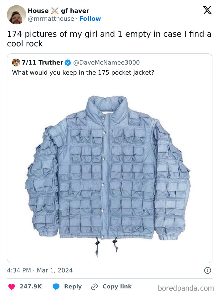 Image of a tweet about a "175 pocket jacket" with a meme-style comment on storing pictures and rocks.