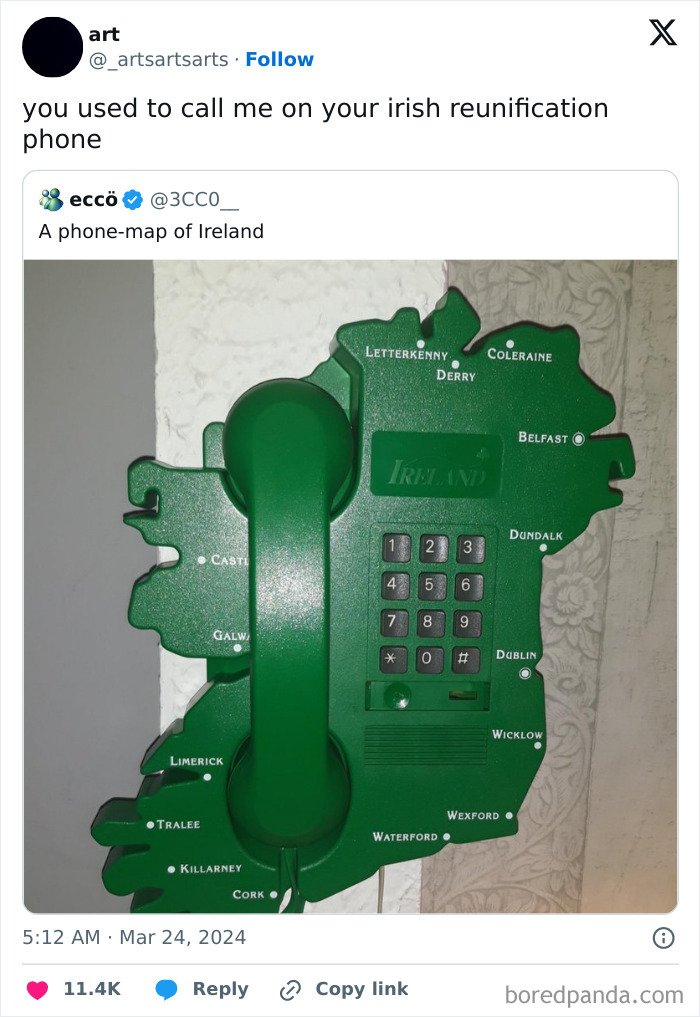 Funny Ireland meme of a phone shaped like a map of Ireland with buttons and labels on cities like Dublin and Cork.