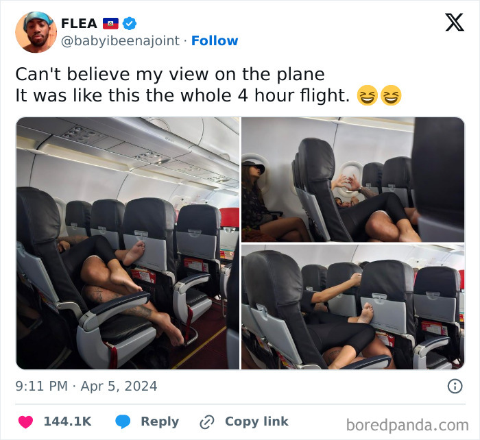 Passenger lying across airplane seats, illustrating annoying-plane-passengers behavior during a flight.