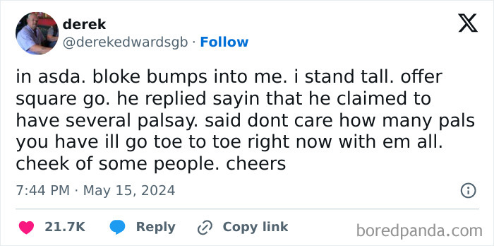 Tweet humorously depicting a cheeky encounter in Ireland, highlighting Irish charm and wit.