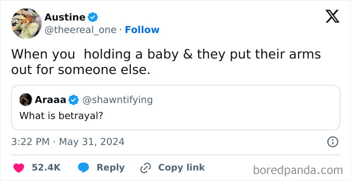 Tweet humorously describes holding a baby reaching for someone else, highlighting funny tweets that are spot-on.