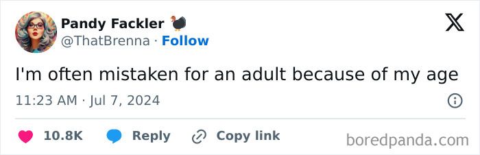 Meme text: "I'm often mistaken for an adult because of my age," highlighting humor for those above 30.