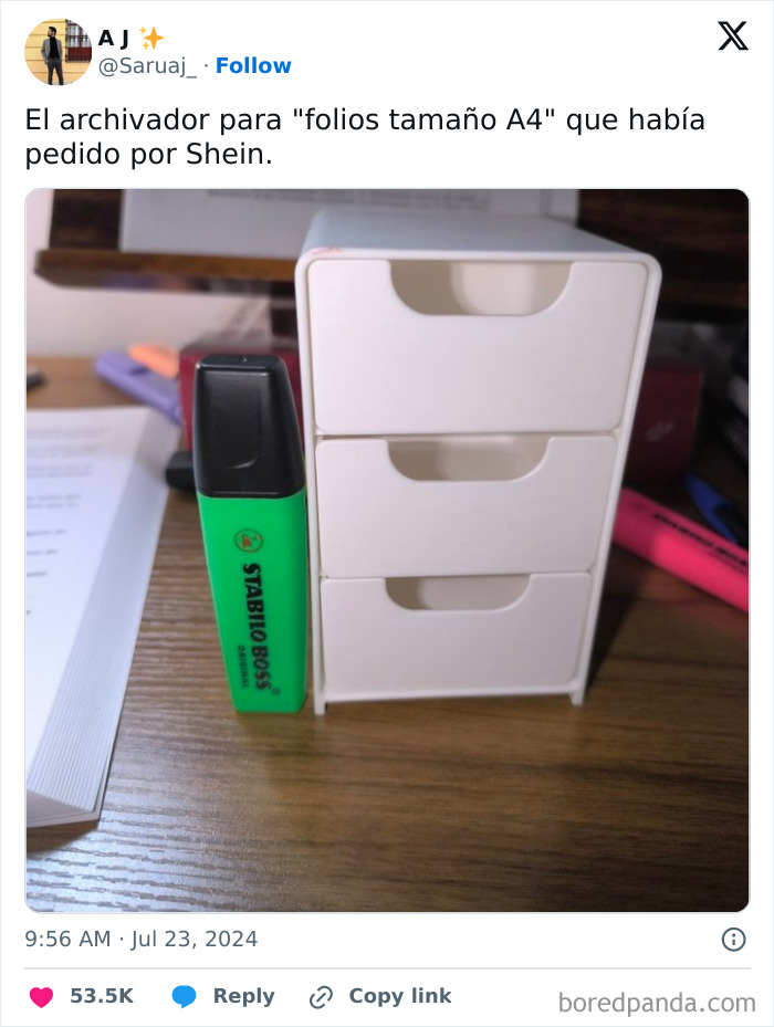 Miniature desk drawer organizer with a green highlighter, showcasing online shopping fail.