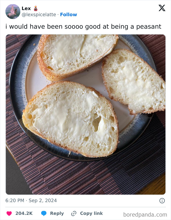 Buttered bread on a plate with a humorous caption about peasantry.