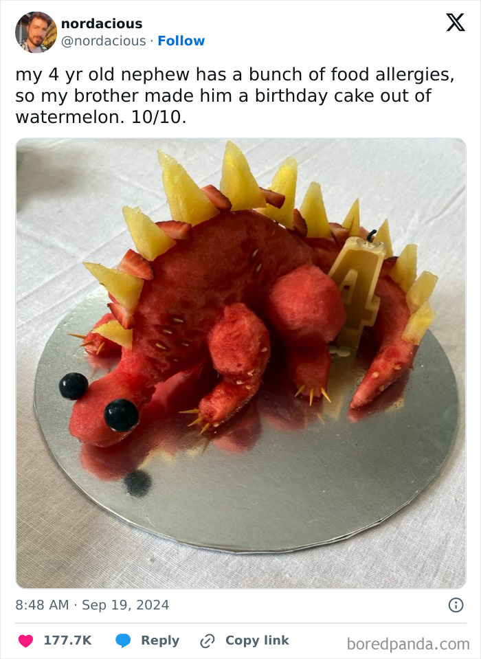 Brother Makes A Dinosaur Watermelon Cake For His Nephew With Food Allergies