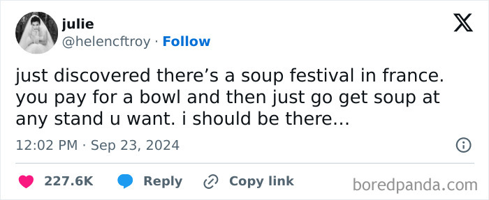 Funny meme about a soup festival in France, with a tweet expressing desire to attend.
