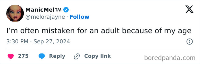 Tweet humorously noting being mistaken for an adult due to age; amusingly spot-on comment with engagement metrics displayed.
