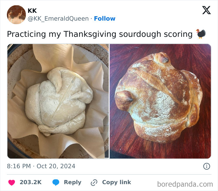 Thanksgiving sourdough scoring practice showing unbaked and baked bread on a wooden surface.