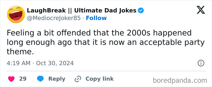 Meme about the 2000s being considered a nostalgic party theme; relatable humor for those over 30.