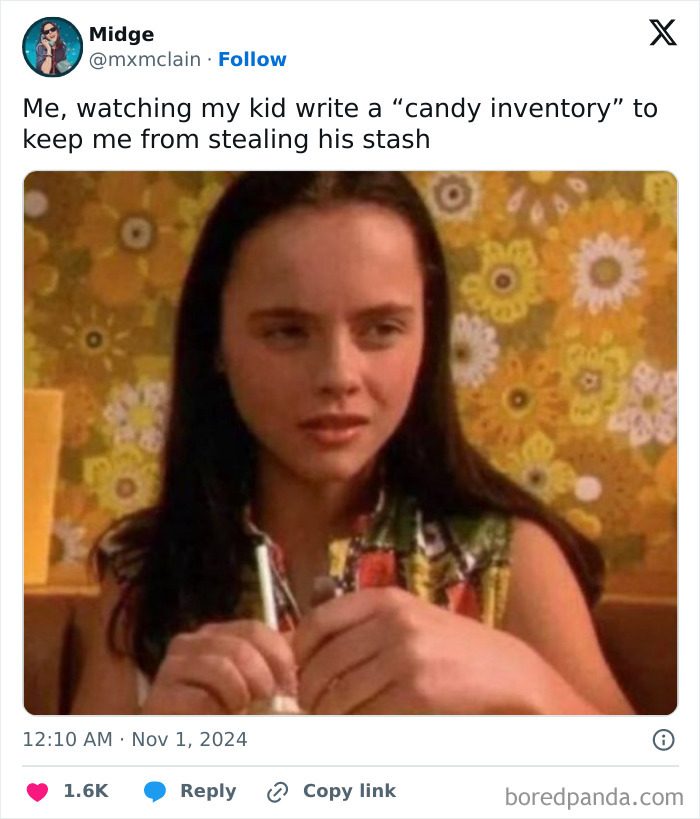 Person reacting humorously to a child's candy inventory plan, highlighting parenting experiences.