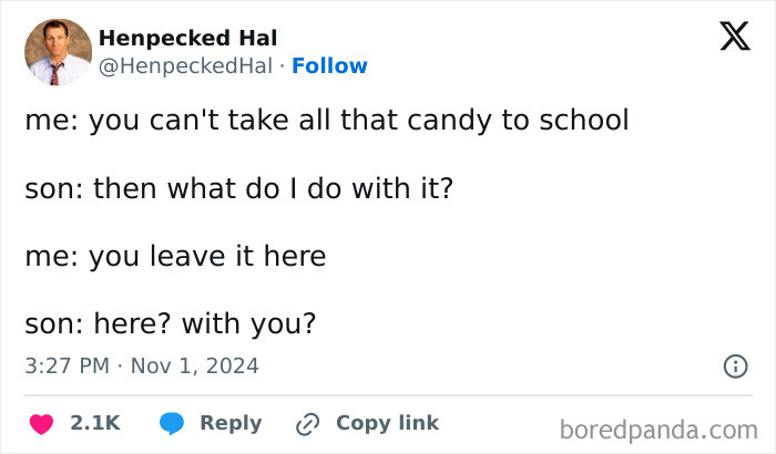 Funny parenting tweet exchange about school candy dilemma.