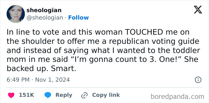 Tweet about voting encounter, mixing humor with a parenting tactic, shared online in November.