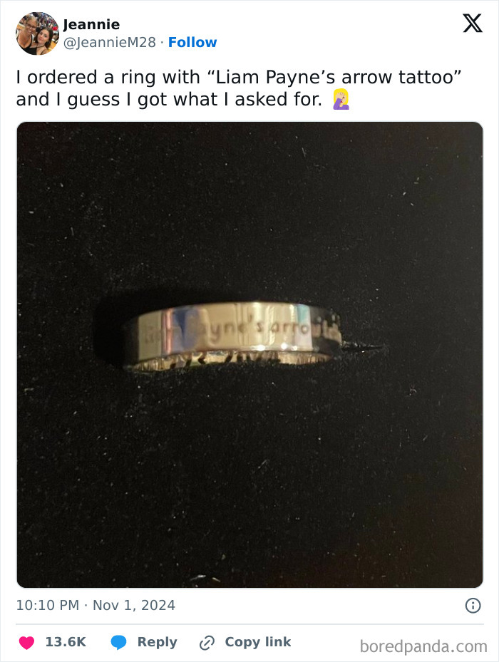 Ring with unexpected engraving from online shopping fail.