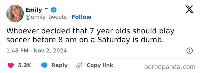 Tweet about parenting humor: a 7-year-old’s early soccer game before 8 am on Saturday.