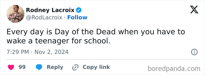 Funny tweet about parenting, comparing waking a teenager to the Day of the Dead.