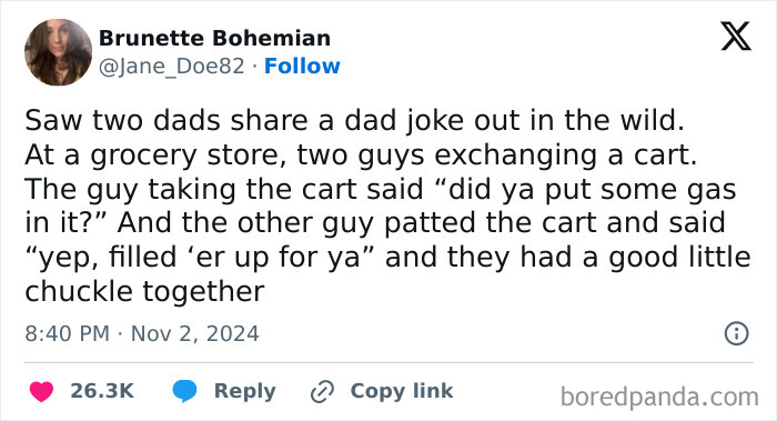 Screenshot of a tweet sharing a funny story about dads exchanging dad jokes at a grocery store.