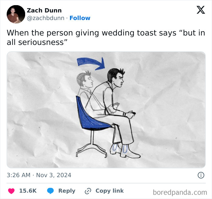 Sketch of a person leaning forward with caption about wedding toasts. Funny tweets online in November.