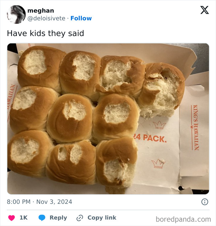 Parenting experiences humorously illustrated by bread rolls with their centers eaten out.