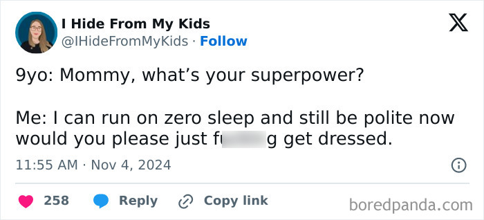 Tweet about parenting experience with a humorous take on a mom's superpower of patience and sleep deprivation.