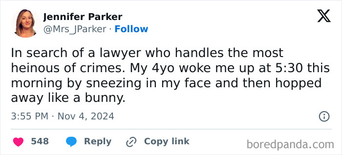 Funny tweet about parenting experiences featuring a humorous anecdote with a 4-year-old's morning antics.
